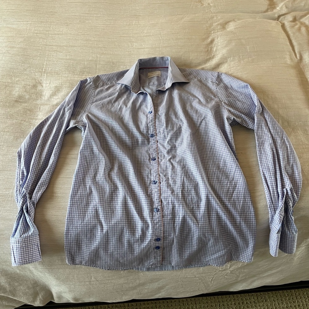 Eton Men's Light Blue and White Check Button-Down Shirt